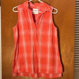 Sonoma Coral Plaid Sleeveless Button Henley Tank
